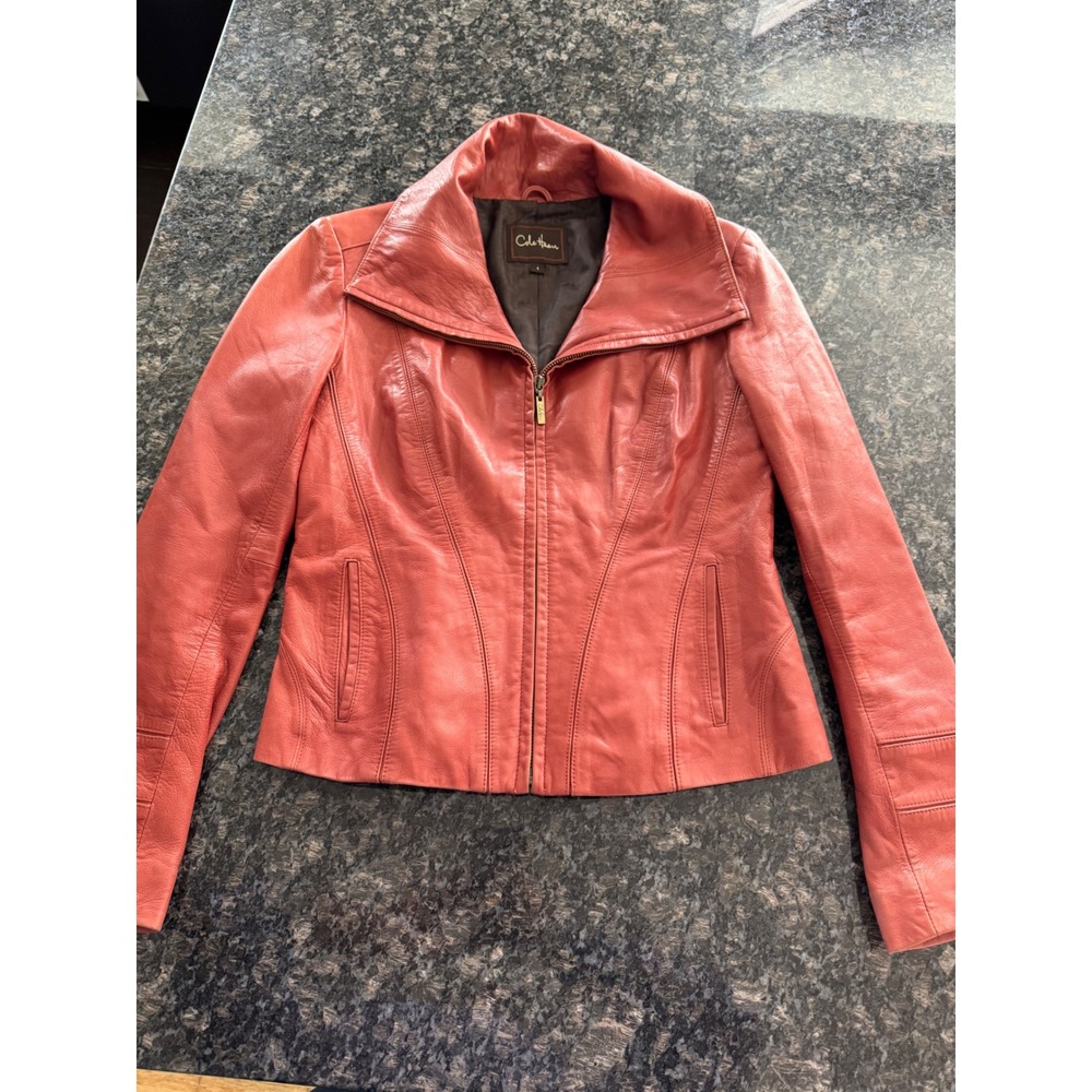 Cole Haan Women Coral Pink Soft Leather Zip Up Jacket Size 4‎ coat motorcycle